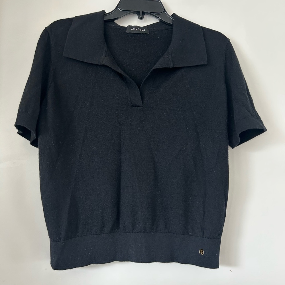 ANINE BING WOMENS BLACK SHIRT SLEEVE KNOT POLO SWEATER WOOL CASHMERE SIZE LARGE